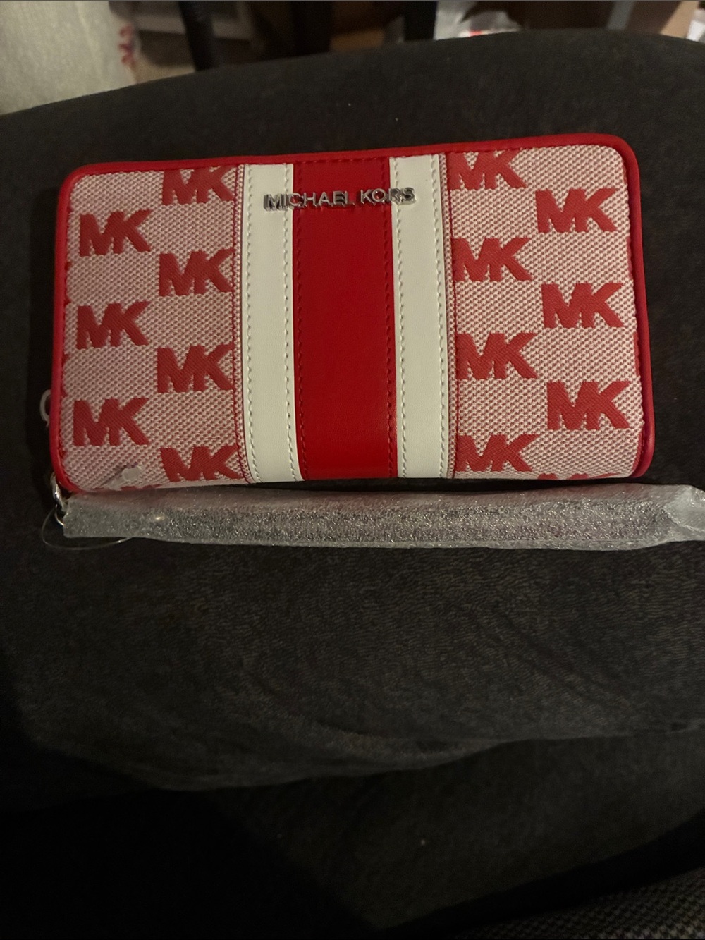 Michael Kors Red and White Signature Stripe Zip Wallet gift box included